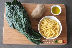 ingredients pasta kale potatoes evoo